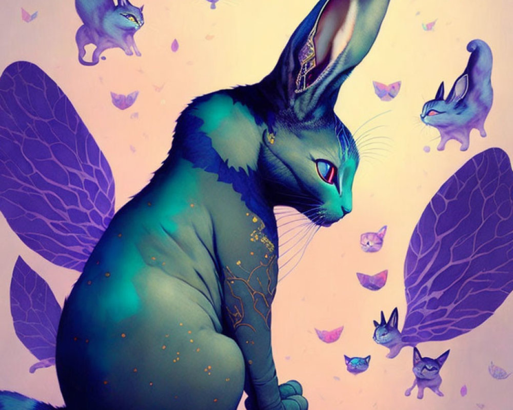 Fantastical blue-green rabbit with catlike features in whimsical setting