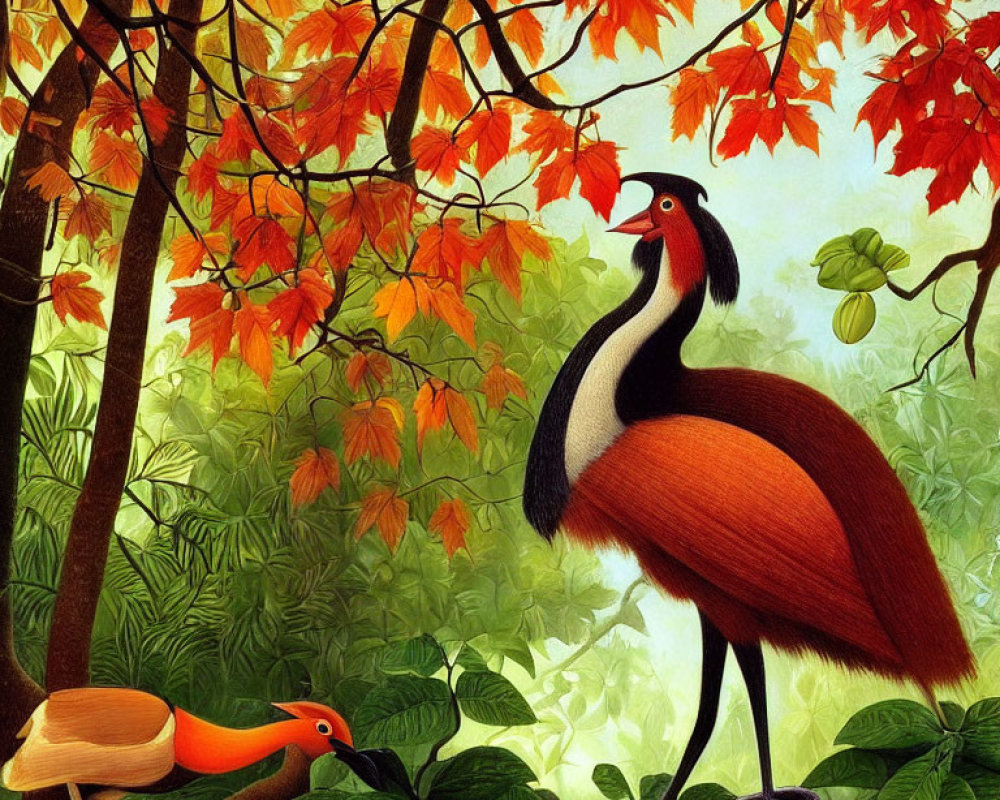 Illustration of two exotic birds in autumn setting