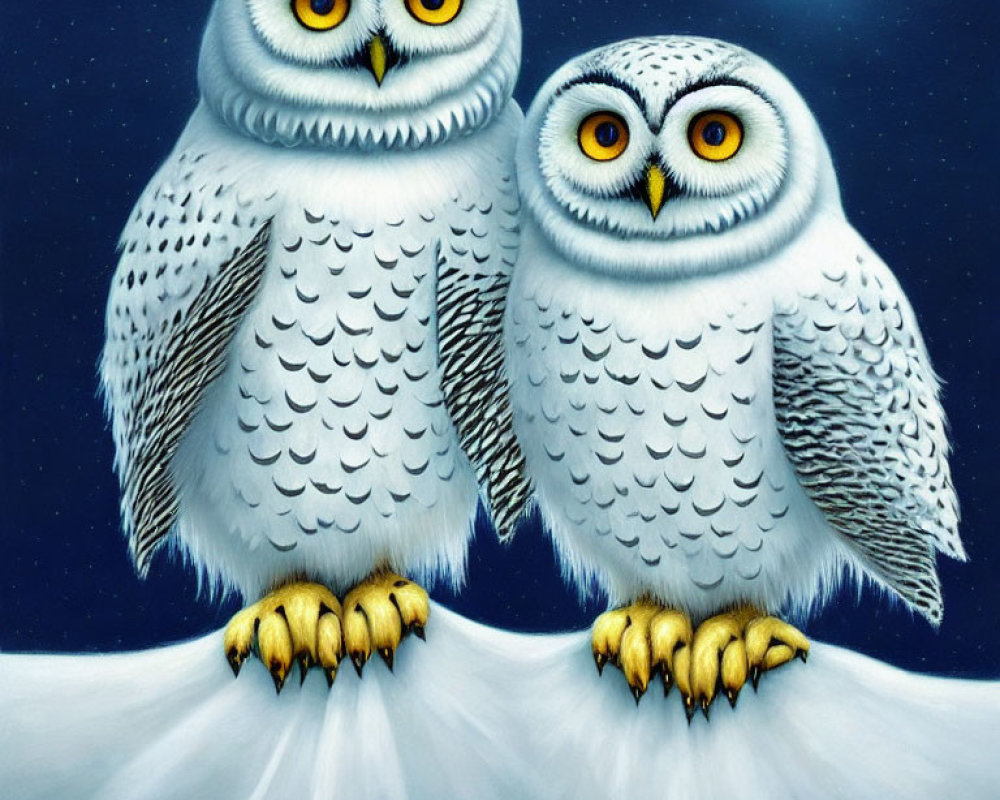 Stylized white owls with yellow eyes on starry night sky background