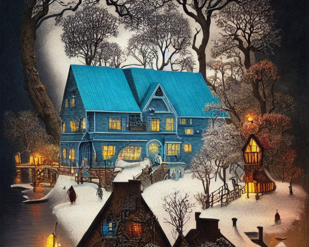 Snow-covered village at night: cozy houses, bare trees, starry sky