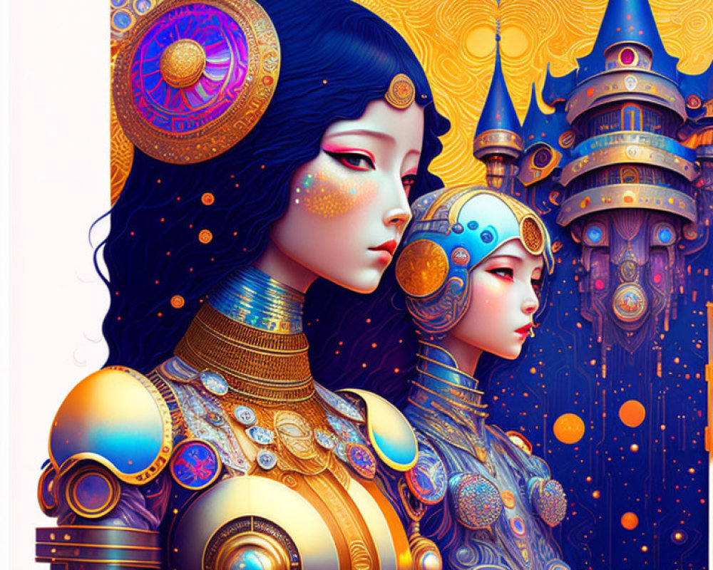 Stylized female figures with ornate, mechanical details in whimsical castle setting