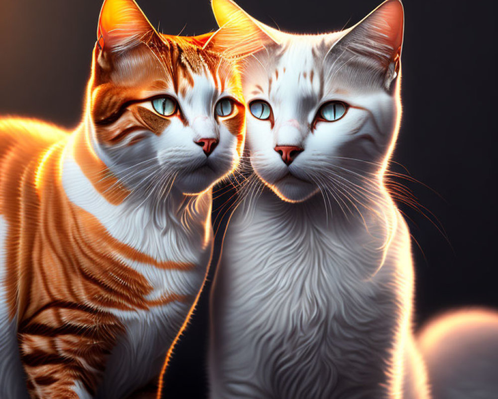Digital Art: Two Cats with Orange Eyes and Realistic Fur