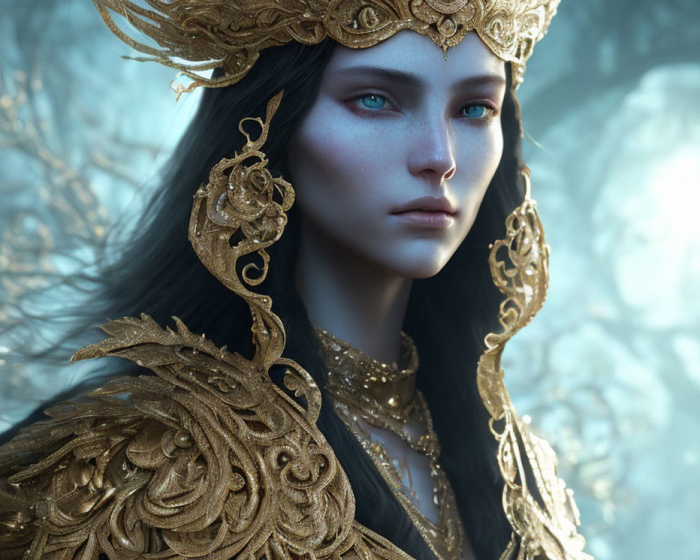Ethereal female figure with blue eyes and golden armor in misty setting
