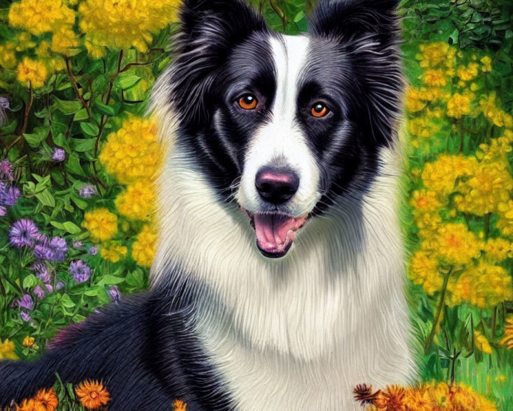 Black and white Border Collie with colorful flowers in vibrant hues
