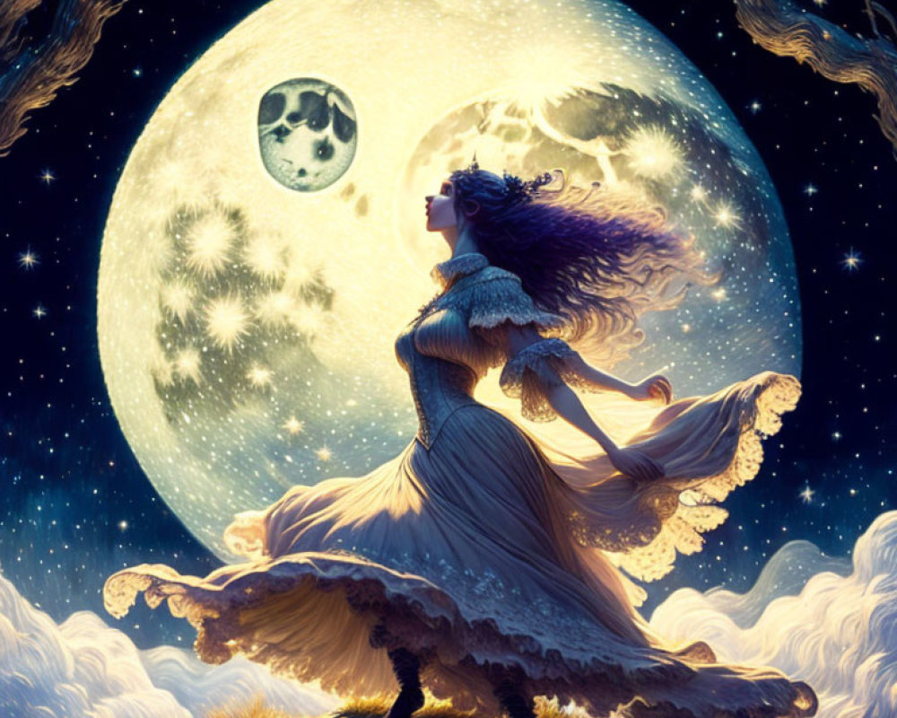 Woman in flowing dress under starry sky with luminous moon and ethereal clouds
