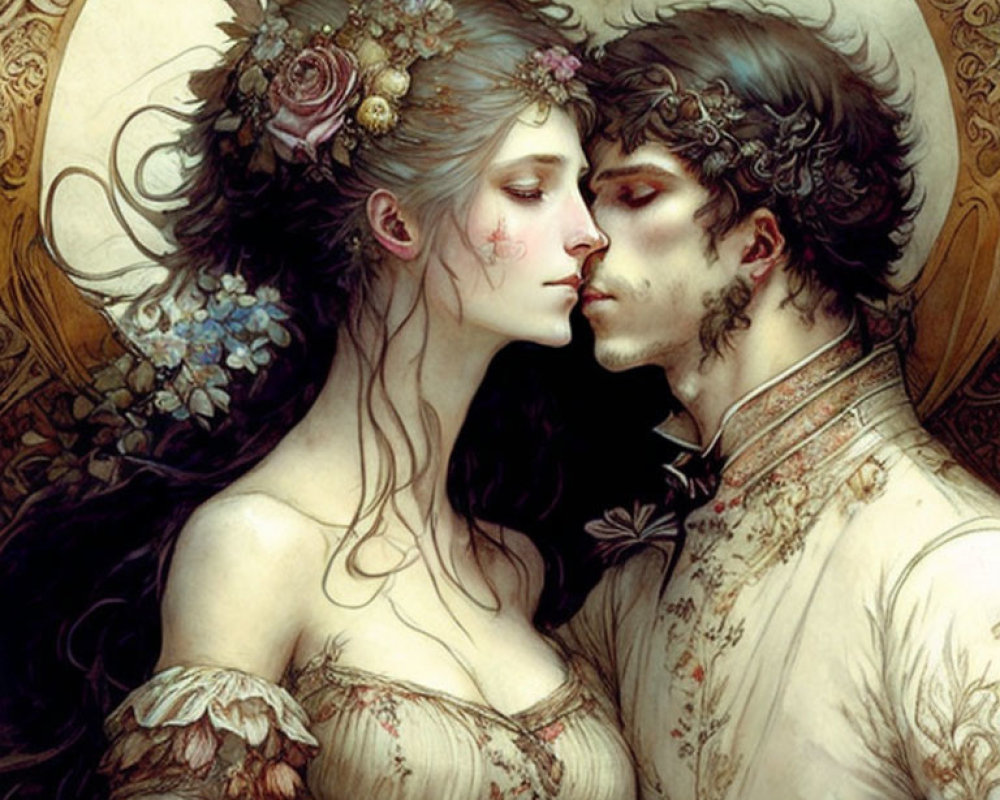 Romantic couple in close embrace with intricate floral details.
