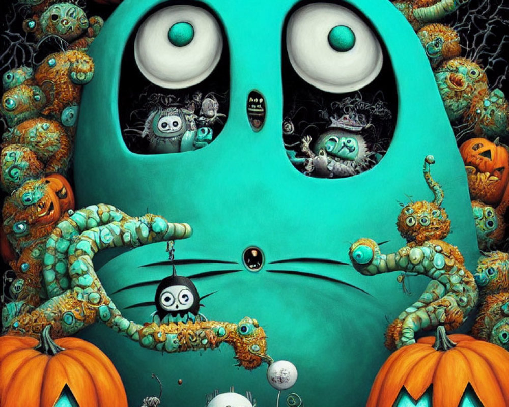 Colorful Halloween Illustration: Green Creature, Pumpkins, Monsters & Cobwebs