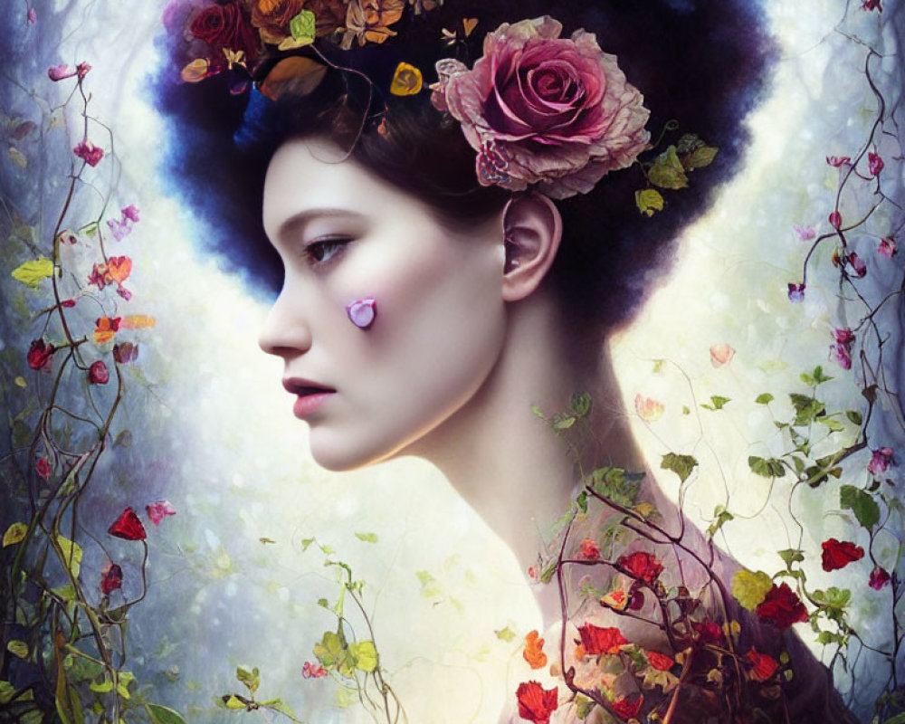 Surreal portrait of woman with floral wreath in vibrant garden