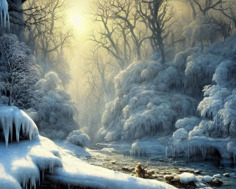 Snow-covered trees, frozen river, icicles, and warm sunlight in serene winter landscape