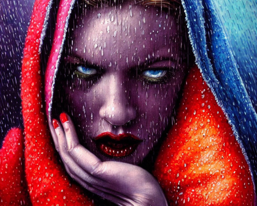 Blue-skinned person in red cloak under rain, deep in contemplation