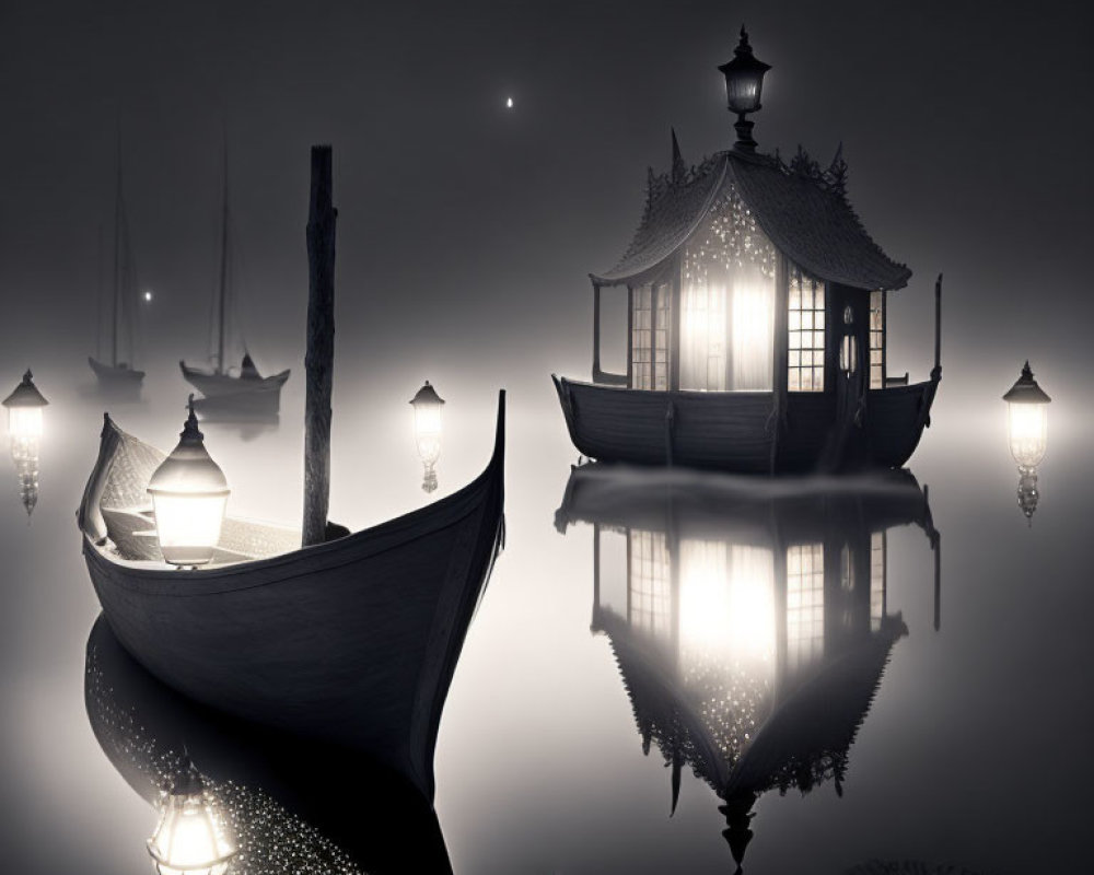 Monochrome traditional boat reflecting on calm waters in foggy ambiance