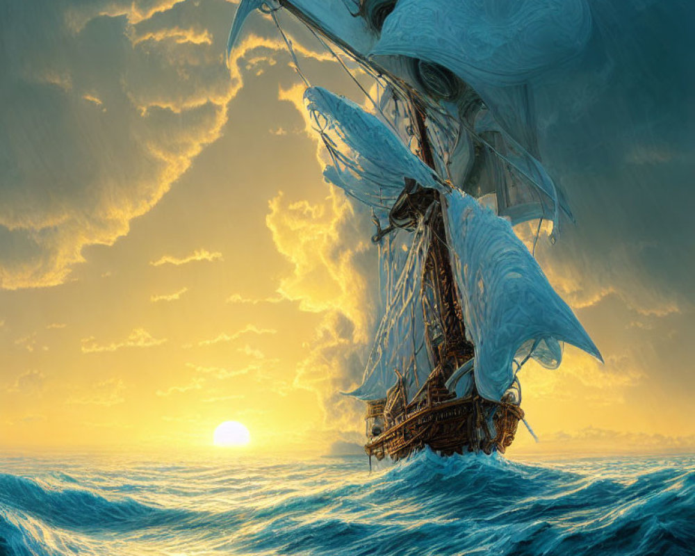 Majestic sailing ship with billowing sails on ocean waves at sunset