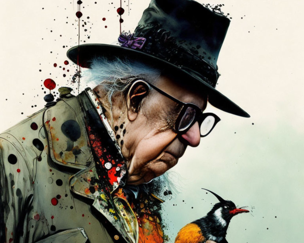 Colorful Paint Splattered Elderly Person with Top Hat, Sunglasses, and Bird