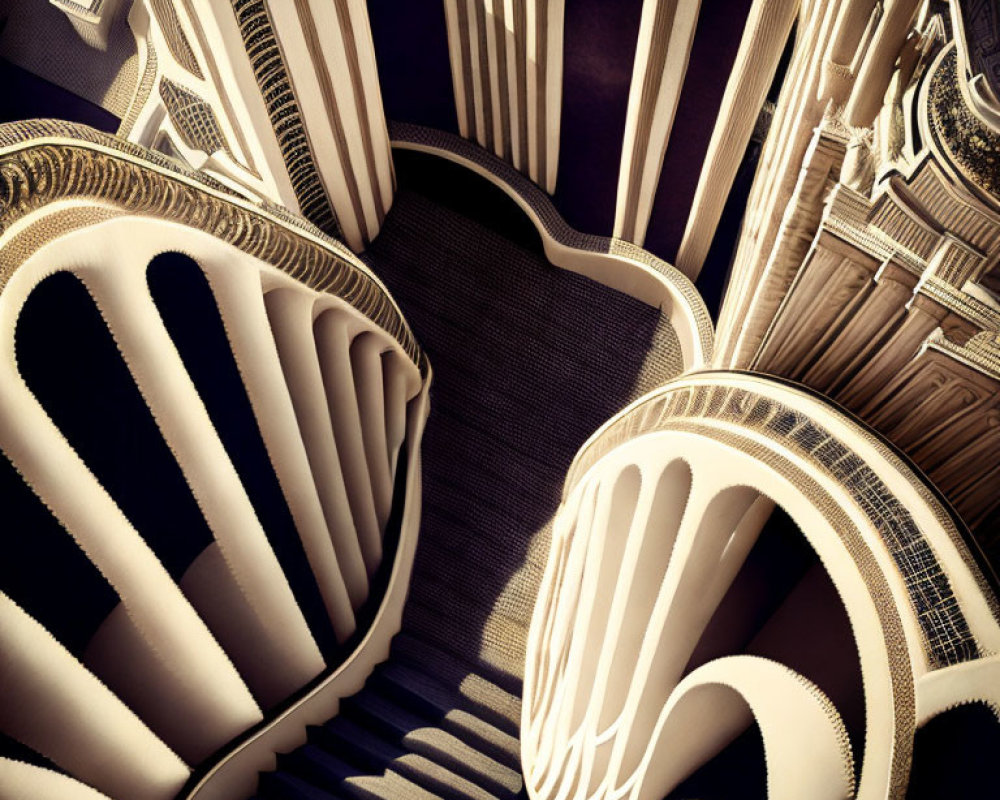 Symmetrical abstract staircase with harp-like design in warm sepia tones