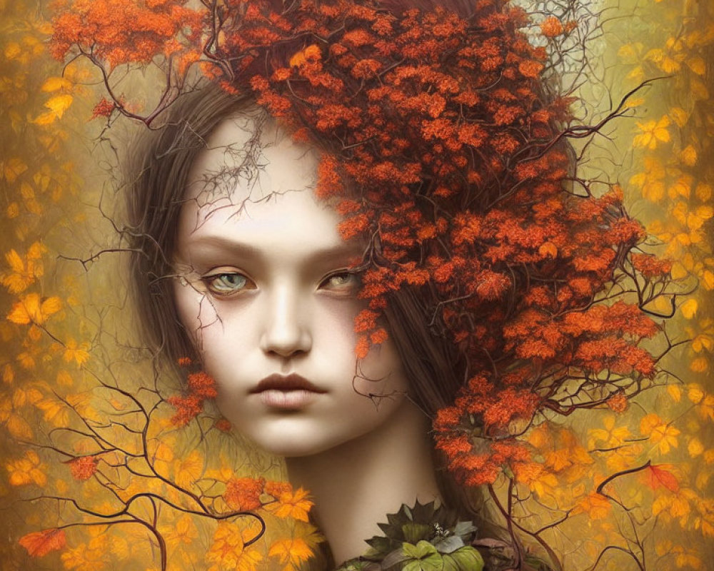 Surreal portrait of a woman with autumn leaves and red foliage in her hair