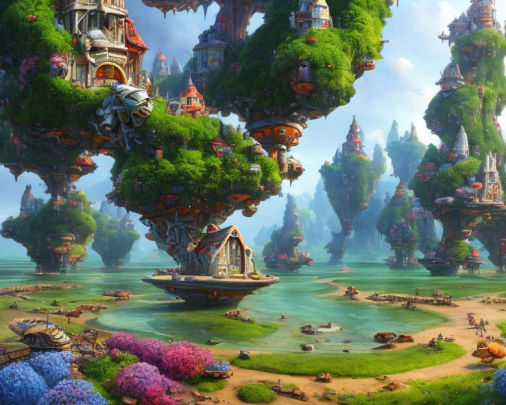Fantastical landscape with floating islands and whimsical buildings.