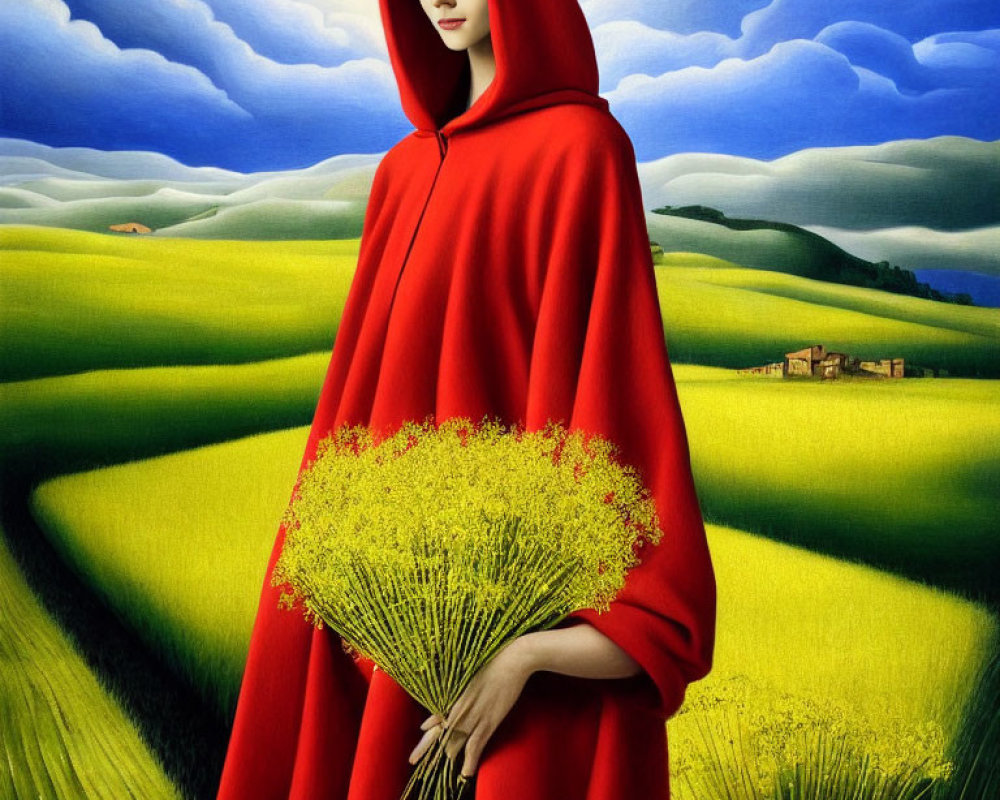 Woman in Red Cloak with Bouquet in Vibrant Field under Blue Sky