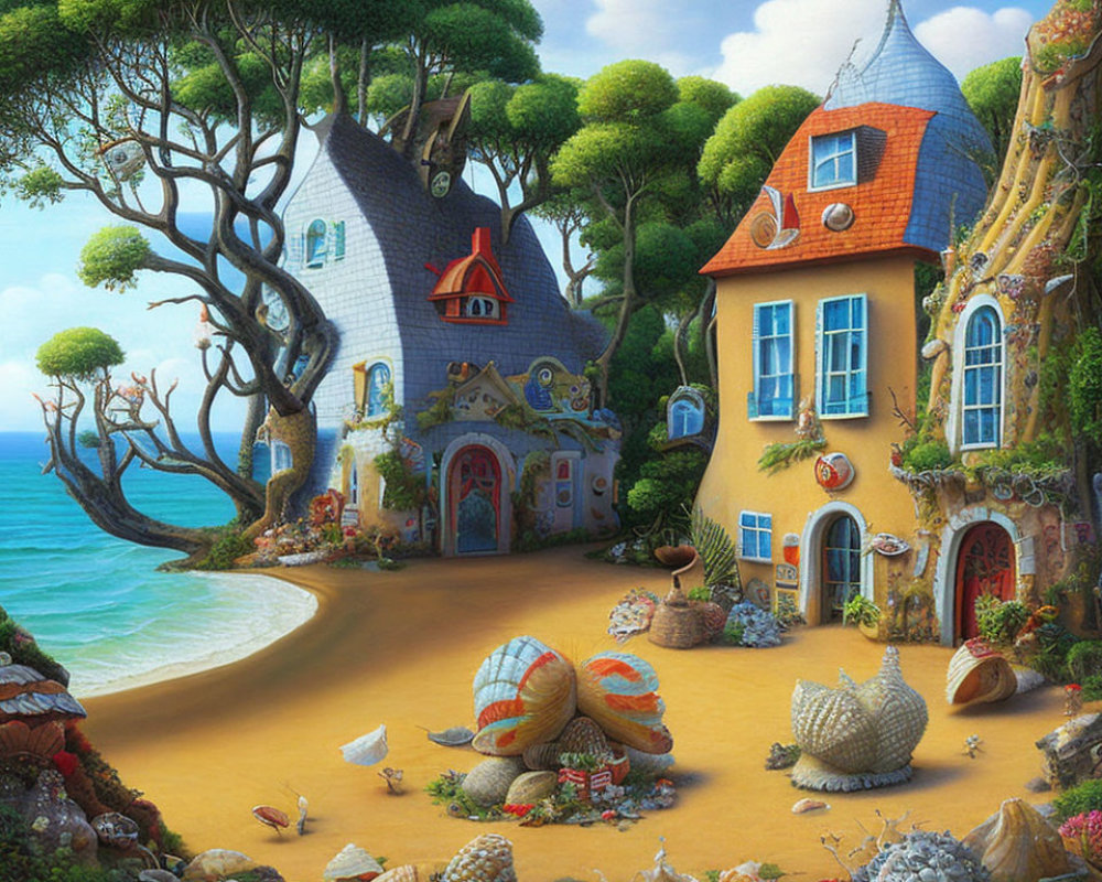 Charming fairytale cottages by calm sea with giant shells