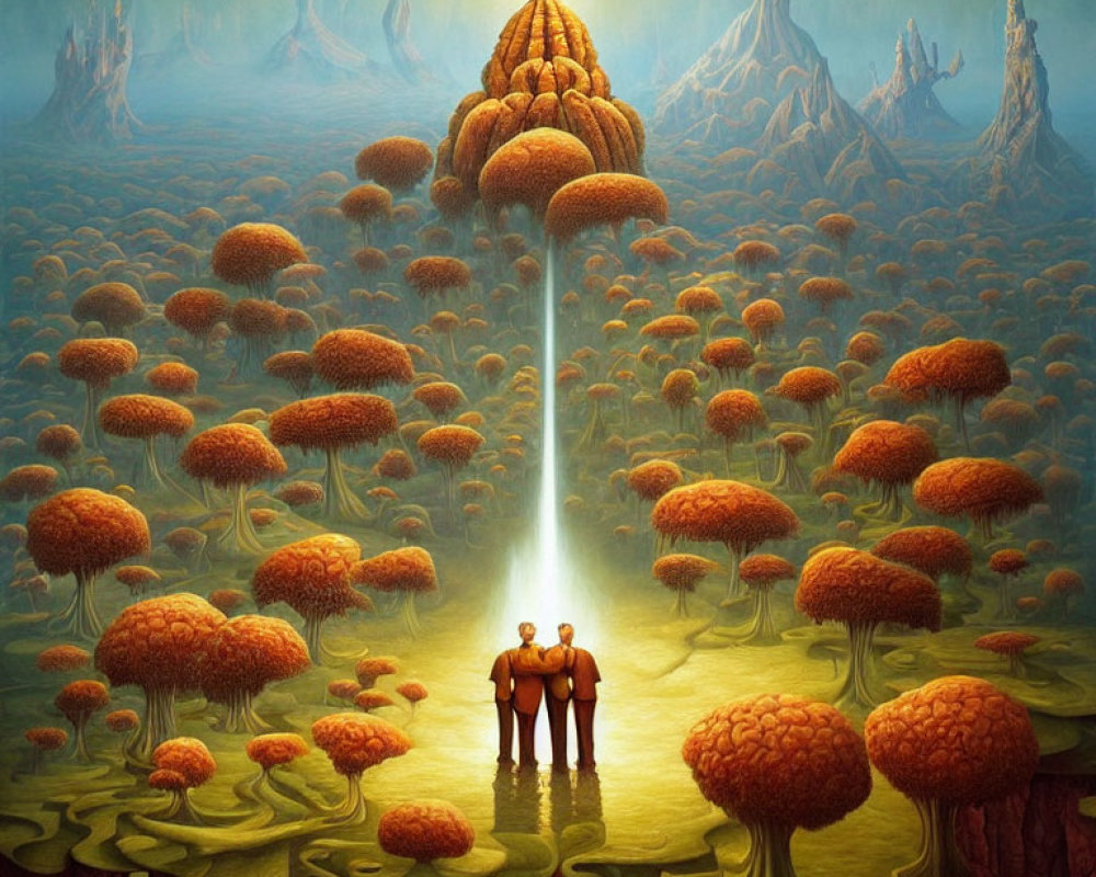 Fantasy landscape with humanoid figures under tree-like structure