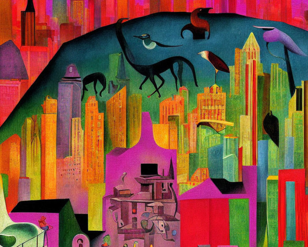 Colorful surreal cityscape with whimsical animals and bold palette