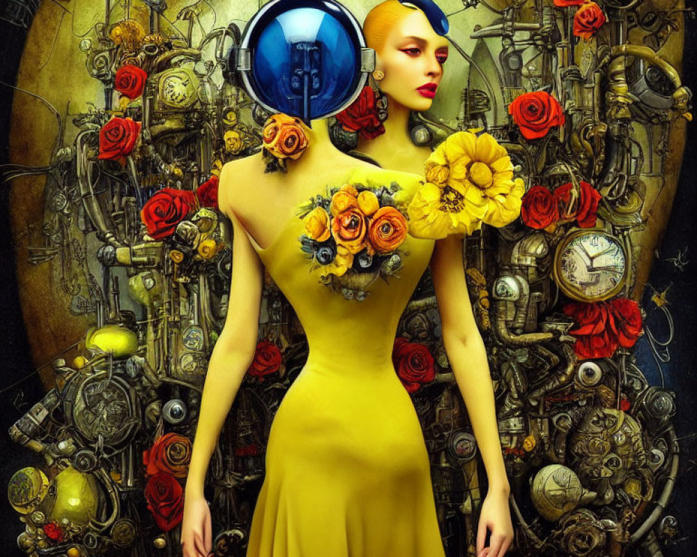 Woman in Yellow Dress with Surreal Headpiece in Steampunk Setting