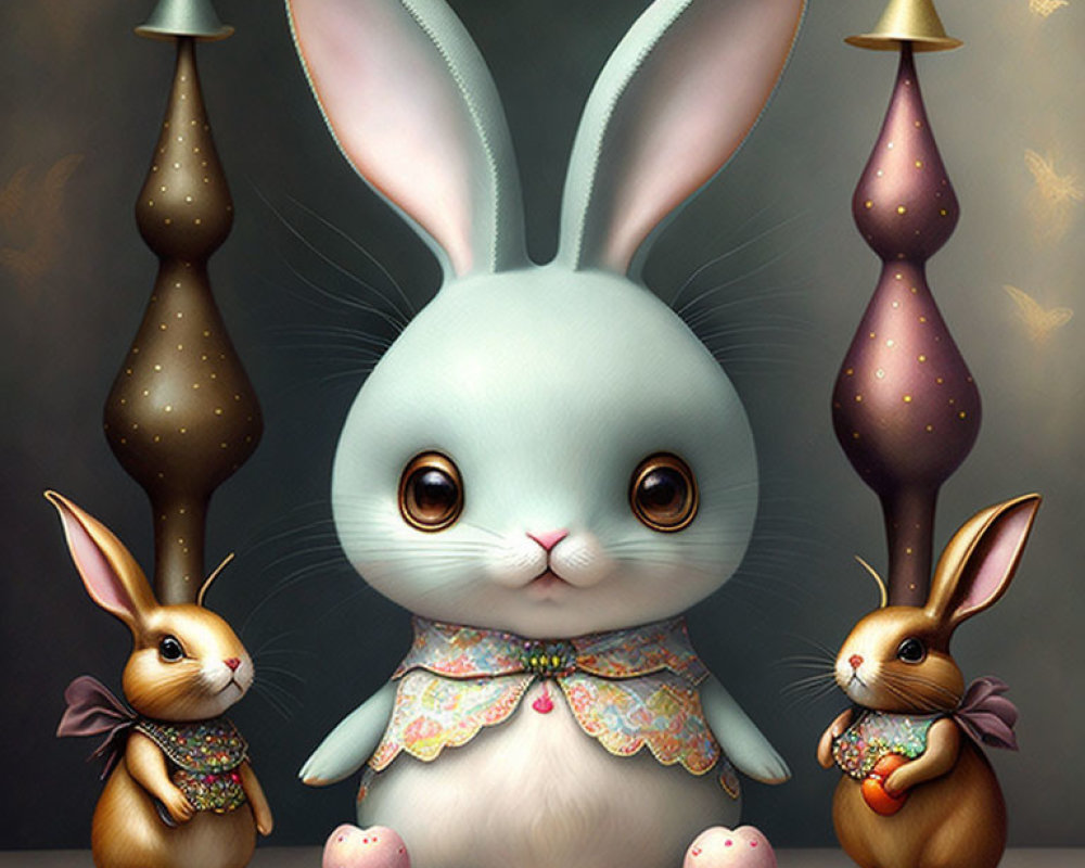 Large Stylized Bunny Illustration with Mushrooms & Small Bunnies