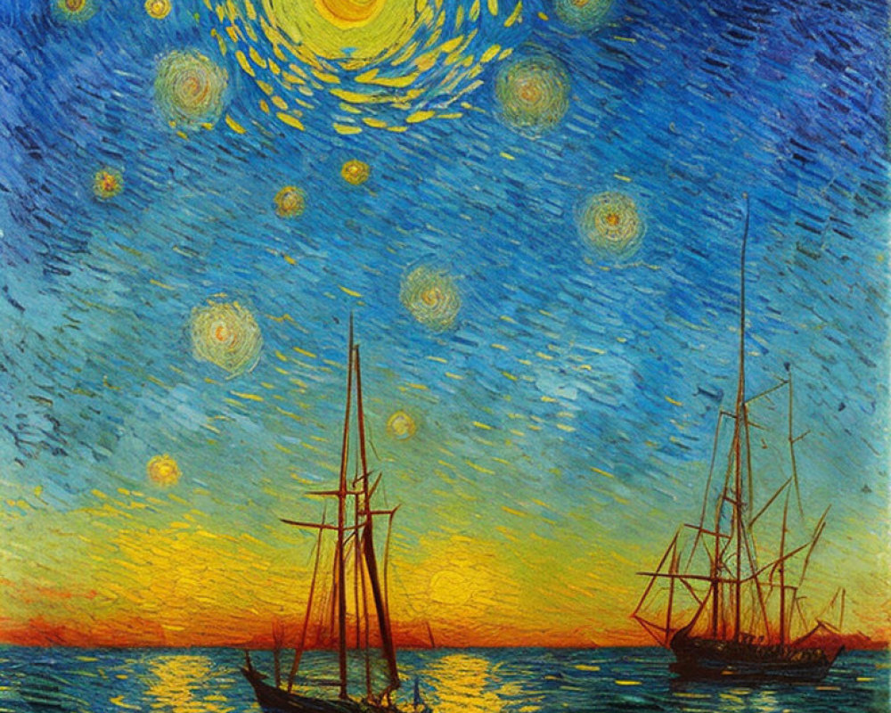 Impressionist painting of night sky, moon, stars, and boats on serene sea