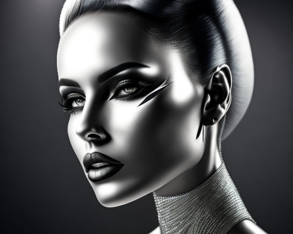 Woman in 3D rendering with bold makeup and silver choker
