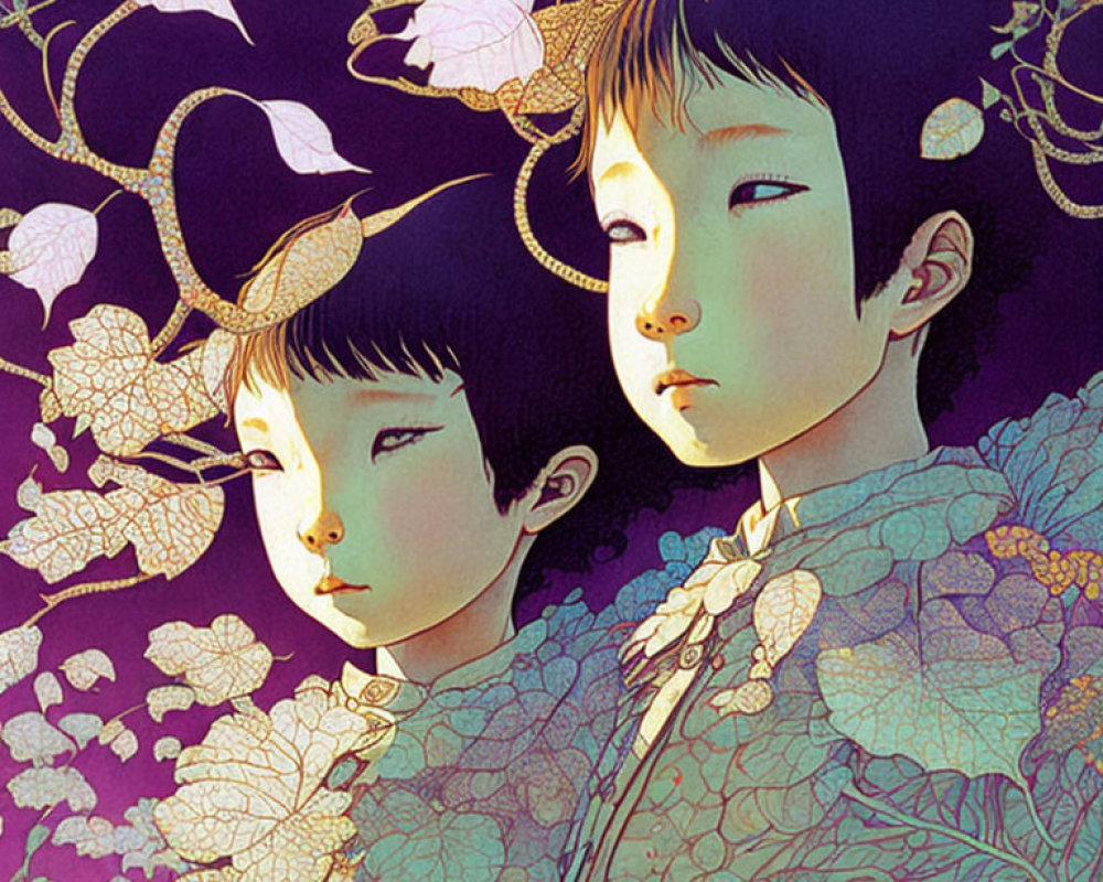Illustration of two serene figures in purple flora - dreamy, magical ambiance