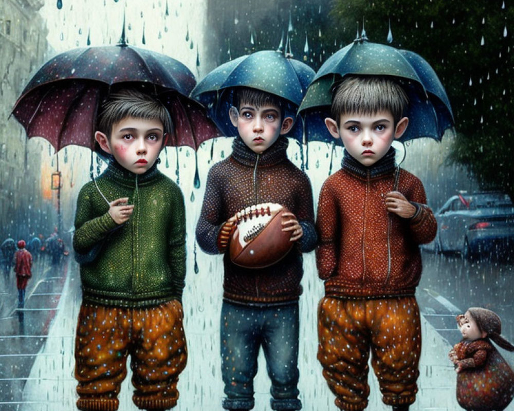 Stylized children with umbrellas in urban rain scene