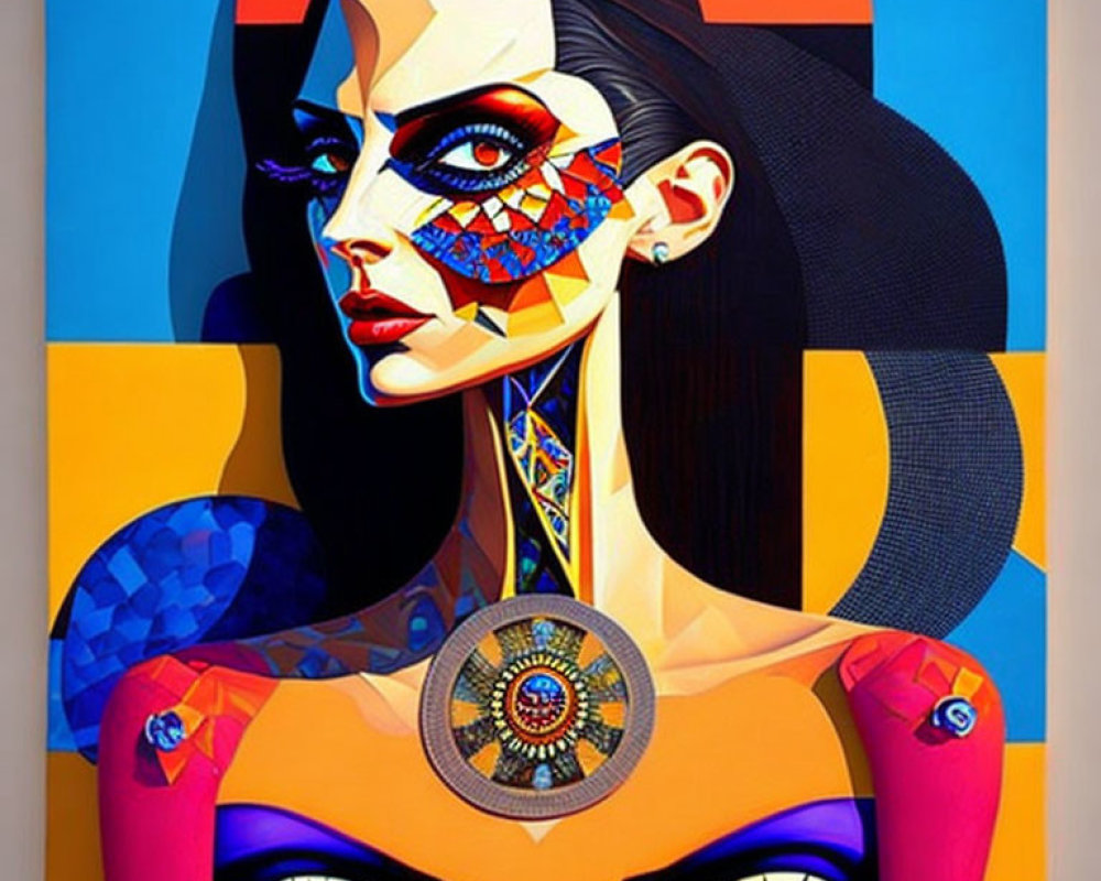 Colorful Geometric Portrait of Woman with Multiple Eyes and Patterns