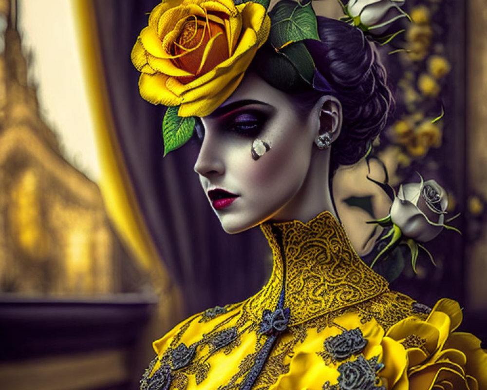 Portrait of Woman in Stylish Makeup and Yellow Attire with Roses Against Blurred Background