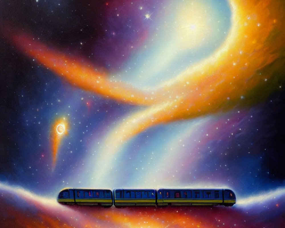 Colorful painting of train in cosmic landscape with nebulas & stars