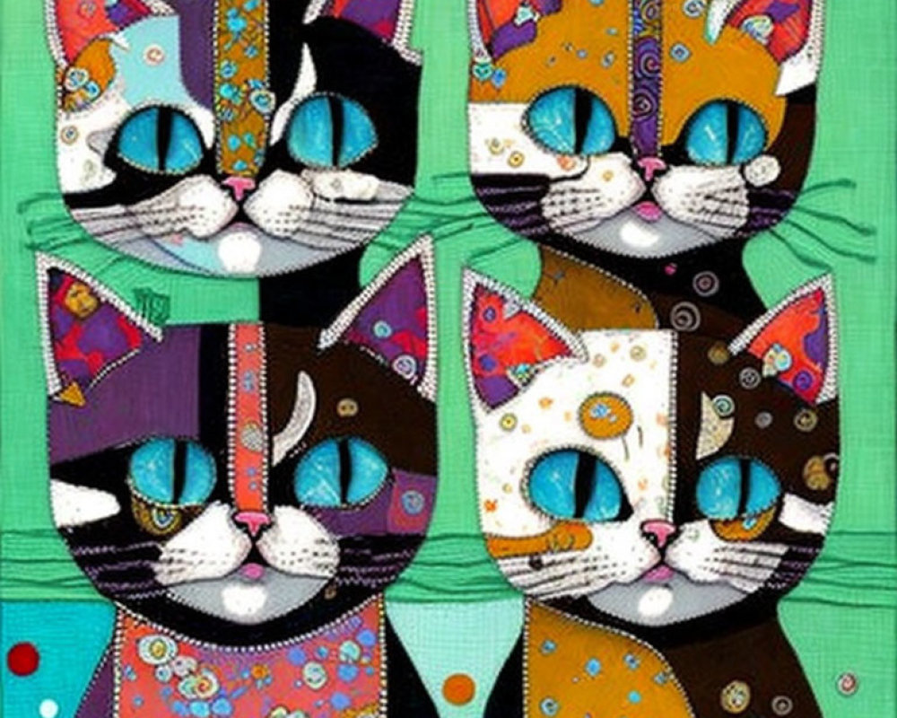 Four Colorful Patchwork Cats on Green Polka Dot Background