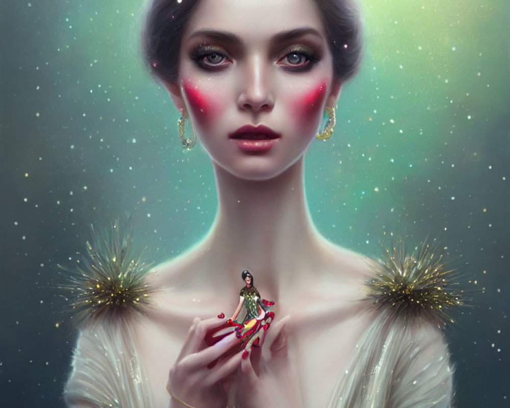 Glowing woman with rosy cheeks holding miniature figure in celestial setting