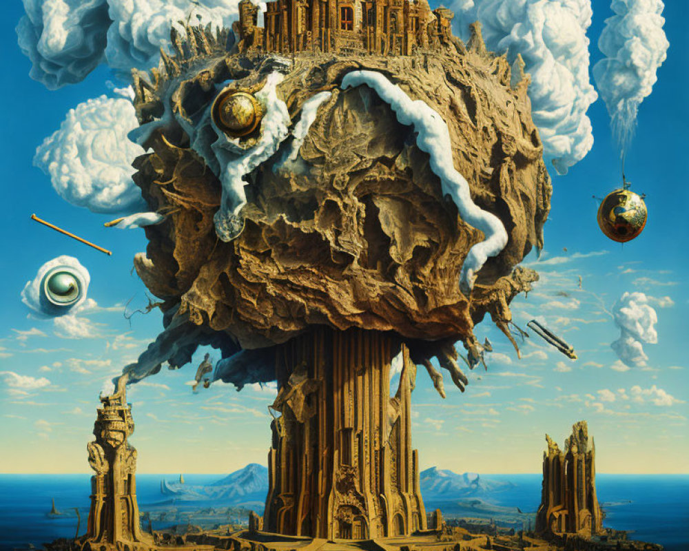 Surrealist artwork: levitating island with ancient structures, waterfalls, orbs, blue sky