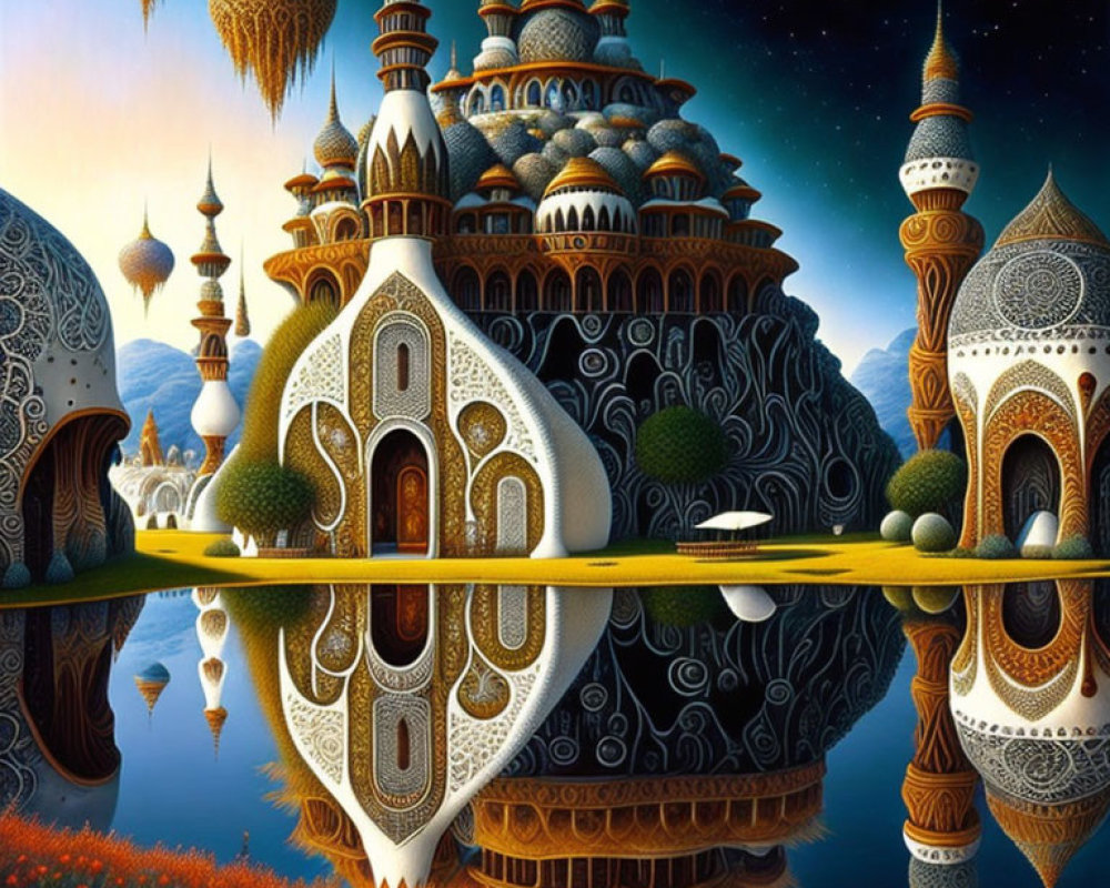 Fantasy landscape with ornate Eastern-inspired architecture and starry night sky.