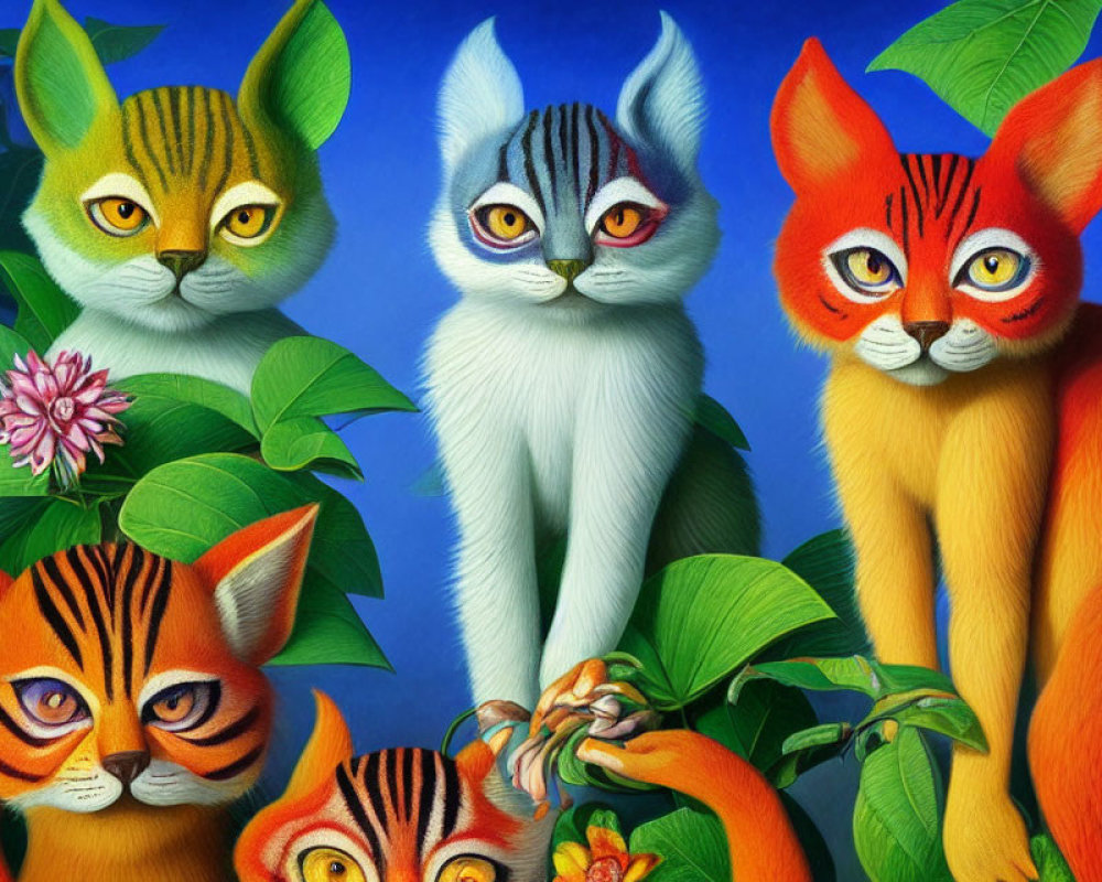 Anthropomorphic Cats in Colorful Nature Scene