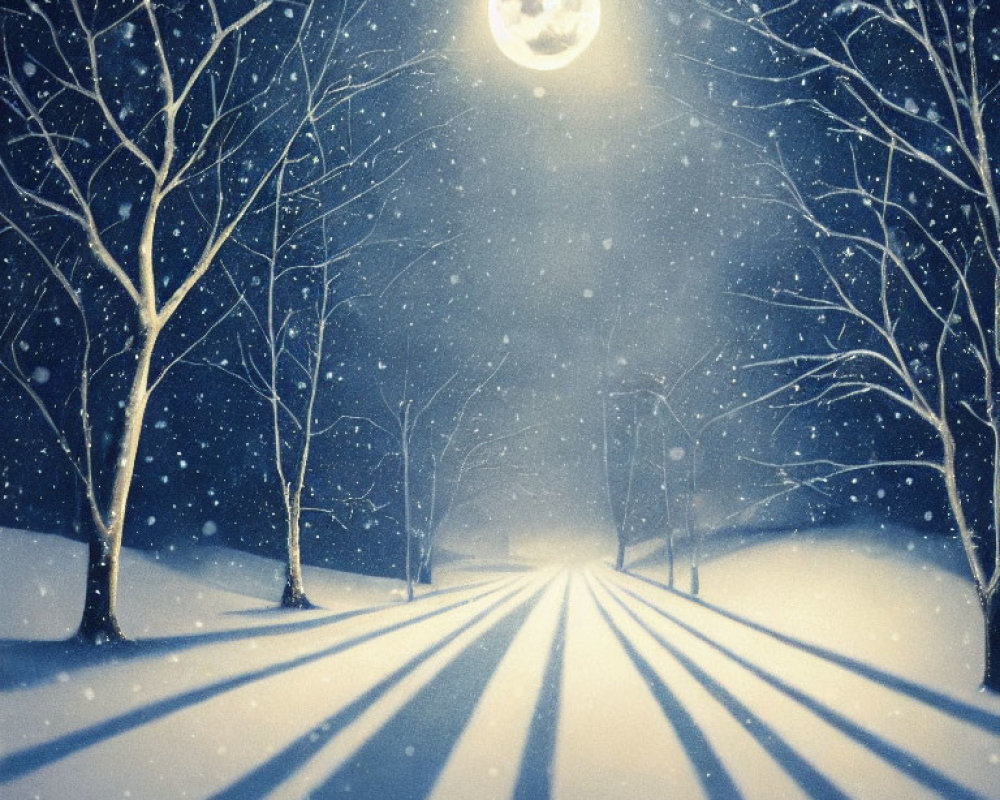 Snowy Night Landscape with Bare Trees and Full Moon Glow