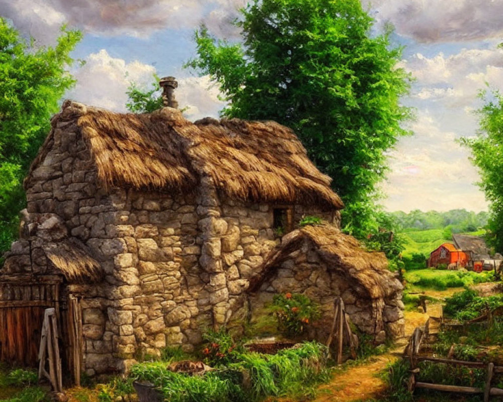 Quaint Stone Cottage with Thatched Roof in Lush Landscape