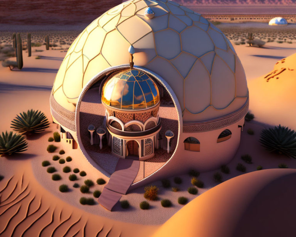 Futuristic dome structure with golden sphere in desert landscape