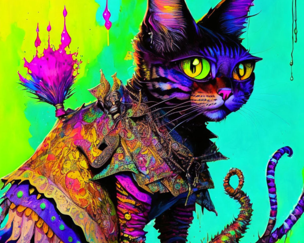 Colorful Stylized Cat with Armor & Tentacles on Vibrant Background