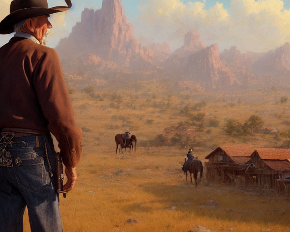 Cowboy observing horses, cabin, and rock formations in serene landscape