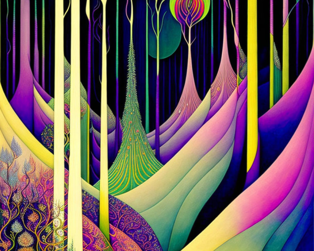 Colorful Psychedelic Forest with Glowing Orb and Curved Trees