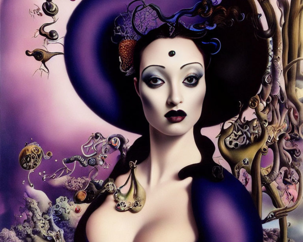 Surreal portrait of woman with stylized makeup and elaborate headdress