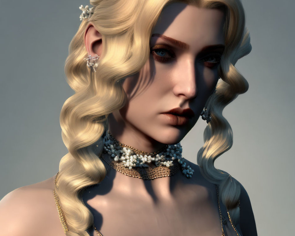 Blonde Curled Woman with Blue Eyes and Choker Portrait