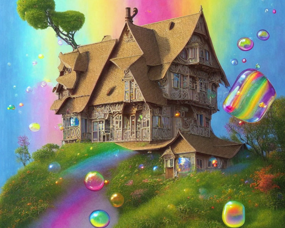 Whimsical house on colorful hillside with iridescent bubbles