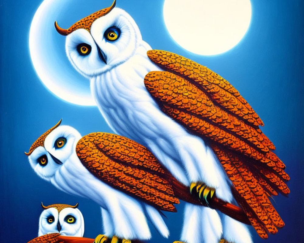Three stylized orange-feathered owls on branch under full moon.