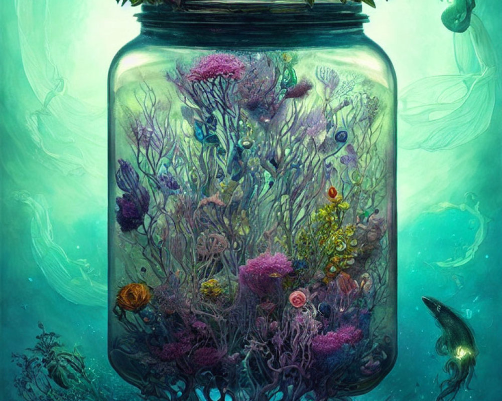 Detailed Underwater Ecosystem in Glass Jar with Coral and Fish