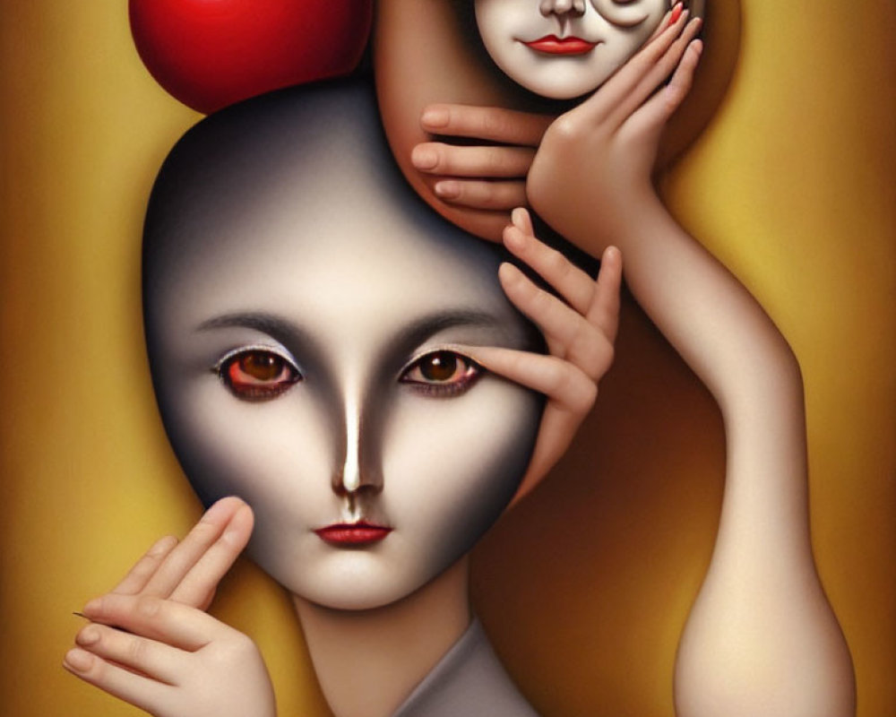 Colorful surreal artwork featuring face with multiple hands and masks, balancing red ball